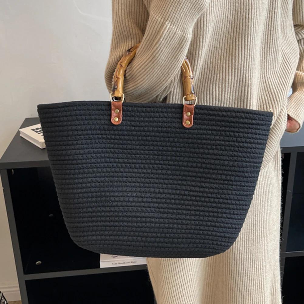 Cotton Woven Handbags Bamboo Handle Tote Summer Striped Hand-Woven Top-handle Bags Large Capacity Women's Bags Weaving Beach Bag