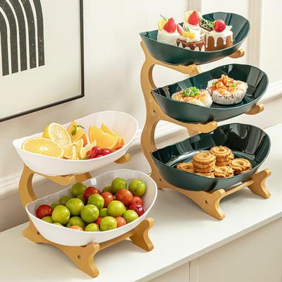 Multi Layer Fruit Basket with Bamboo Stand, Plastic Tiered Snack Tower for Candy Nuts, Space Saving Kitchen Counter Organizer for Living Room