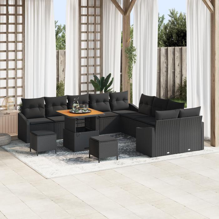 Ensemble de canapé de jardin 13 pièces avec coussins en poly rotin noir acacia, Canapé de jardin 2 places avec rangement 3364659