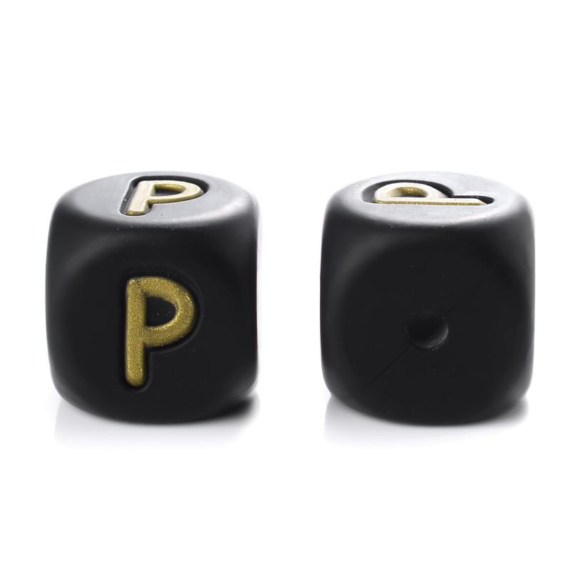 12mm 10Pcs Silicone Black+Gold Letters Beads English Alphabet Letter Beads for Baby Teething Teethers Shower Gifts BPA Free