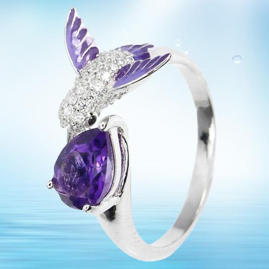 Bird Water Drop Faux Amethyst Cubic Zirconia Women Engagement Wedding Open Ring