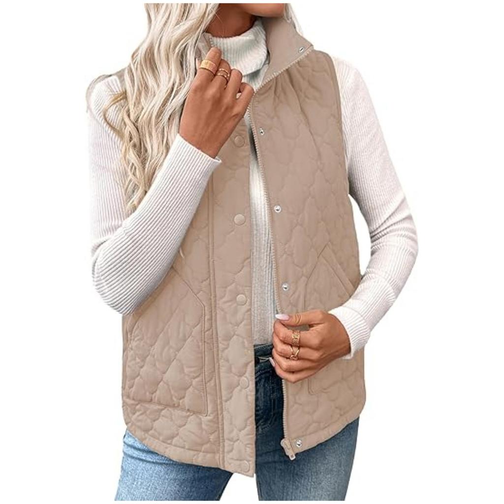 Women's Fashion Quilted Sleeveless Short Vest with Stand Collar Buttons and Zipper