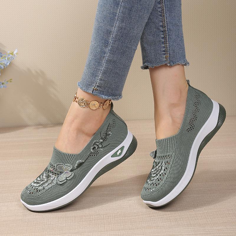 Embroidered Lightweight and Breathable Mesh Surface Sports Shoes, Women's Anti-slip Walking Shoes