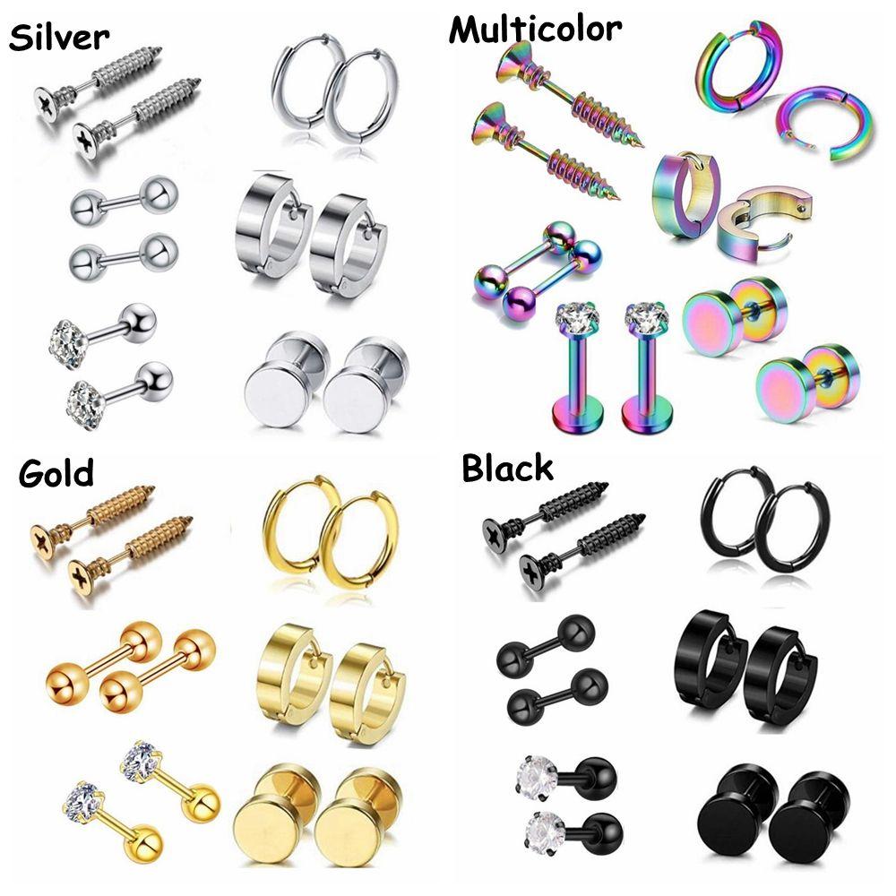 Piercing Jewelry Stainless Steel Earrings Set Black Dumbbell Stud Hoop Earrings Tragus Earrings