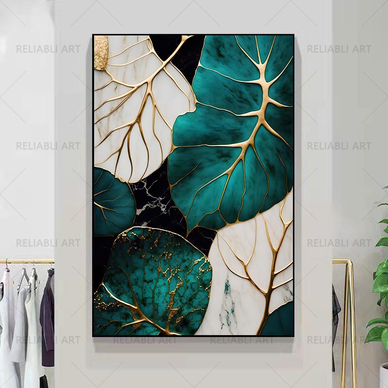 Blatt in Grünem Marmor Gold Poster Wanddeko Abstrakte Blätter Leinwandmalerei Grüne Blätter Blume Poster und Drucke Wandkunst