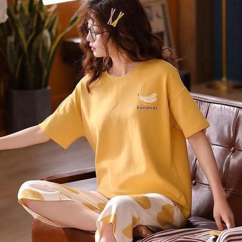 Women's Summer Pajama Set - Round Neck, Short Sleeve, Seven-Point Pants, Comfortable Casual Two-Piece