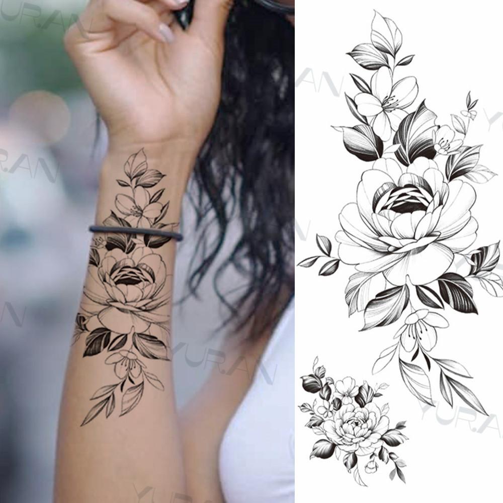 Zwarte Grote Slang Bloem Fake Tattoo Sticker Voor Vrouwen Dot Rose Pioen Tijdelijke Tattoos DIY Water Transfer Tatoos Meisjes