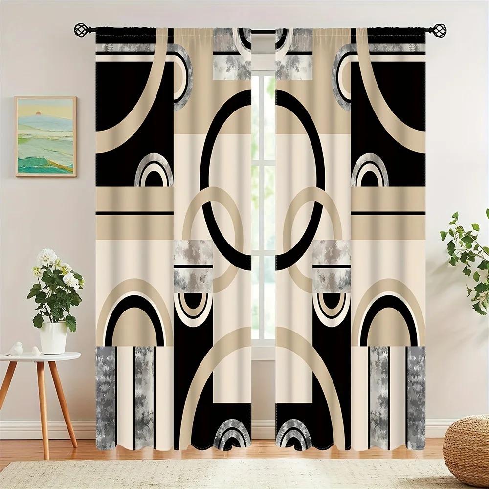 2pc Abstract Printed Window Curtain For Bedroom, Office, Kitchen, Living Room Rod Pocket Window Treatment For Home Decor Room