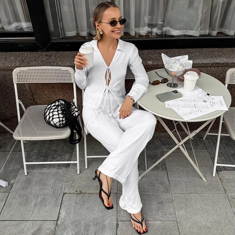 White lapel strap slim shirt high waist straight trousers casual suit 1116 European and American autumn and winter two-piece set women