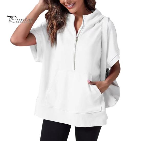 Summer Women Hoodie Half Zipper Short Sleeves Solid Color Pullover Loose with Pocket Casual Daily Wear School Sport Pullover Top Female Clothes