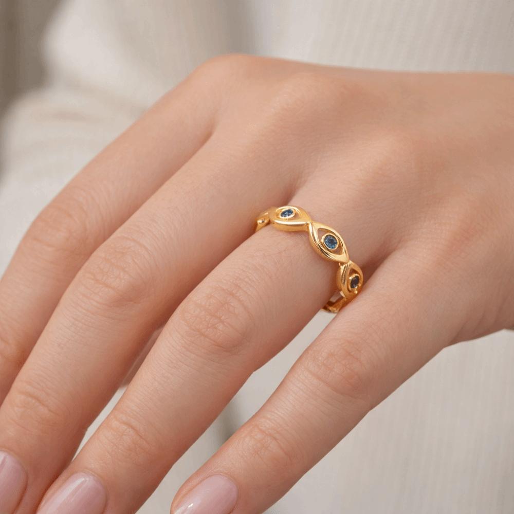 Gold Unique Demon Eye Open Ring Trendy Index Finger Turkish Ring Wedding Band Adjustable Blue Zircon Ring Daily