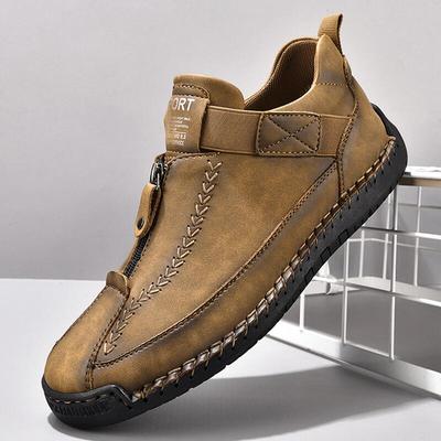 New  Handmade Leather Men Shoes Zipper Design Sneakers Breathable Men's Flats Casual Shoes Outdoor Men Ankle Boots Plus Size