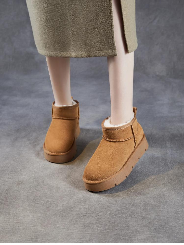 Johnature Cow Suede Thick Soled Snow Boots Versatile Thick Plush Warm Women's Slip-on Short Boots