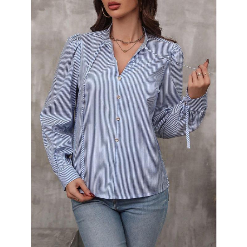 Spring and Autumn New Fashion Women's Stand Collar Tie Button Striped Long Sleeve Shirt