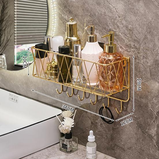Bathroom Storage Rack with Hollow And Multi-Hook Design Basket Large Capacity Adhesive Installation Organizer for Home