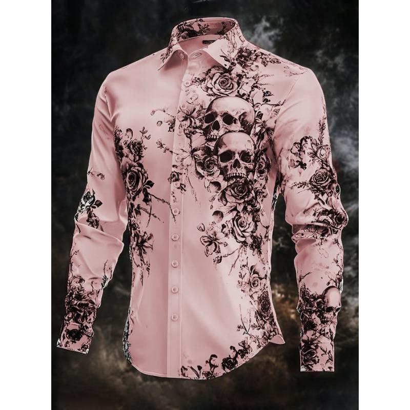 Halloween Thema Mannen Halloween Kostuums Schedels Shirt Knoopsluiting Shirt Casual Overhemd Lange Mouw Donkere Gotische Stijl Tops