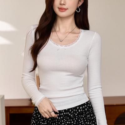 Leicht transparentes, sexy Spitzen-T-Shirt für Damen, Damen Langarm Herbst Neu Reines Basic-Shirt