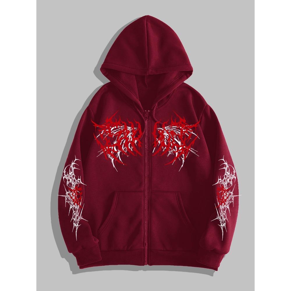College Gothic Dark Wings Original Printed Zipper Hoodie, a Fashionable Street Trend Zipper Hoodie Suitable for Casual Occasions