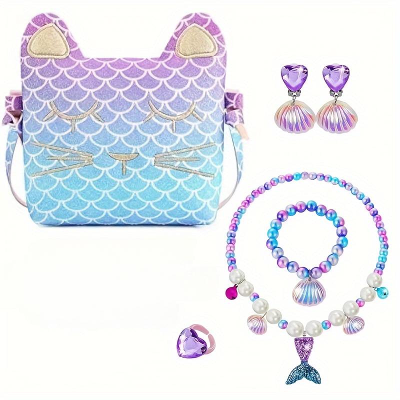 Girls Jewelry Purse Bracelet Necklace Earrings Set Dress up Pretend Play Gifts Kids Toddler for Princess Birthday Crossbody Bag