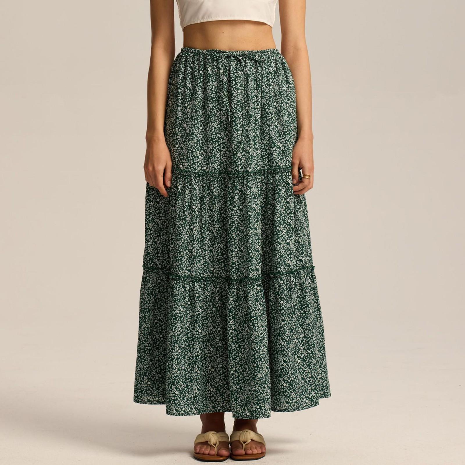 

Жіноча мода Плісирована спідниця А-силуету з квітковим принтом, еластичною талією, вільна, з кишенями L армія зелений колір