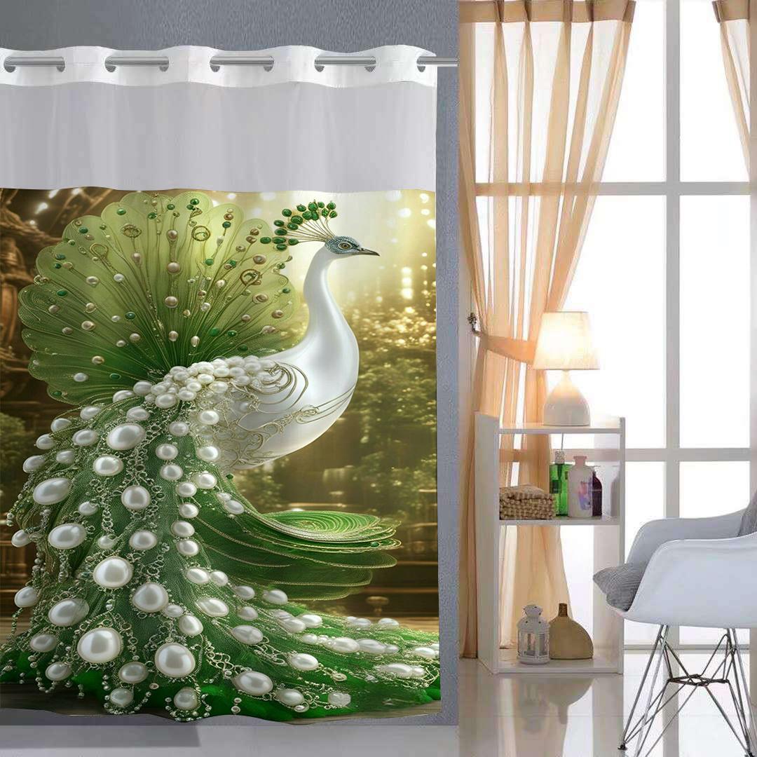 

No Hook Elegant Peacock Pattern Shower Curtain With Snap-In Fabric Liner Sheer Top Window, Double Layer Bathtub Curtain W60H190(CM)-1 Pcs