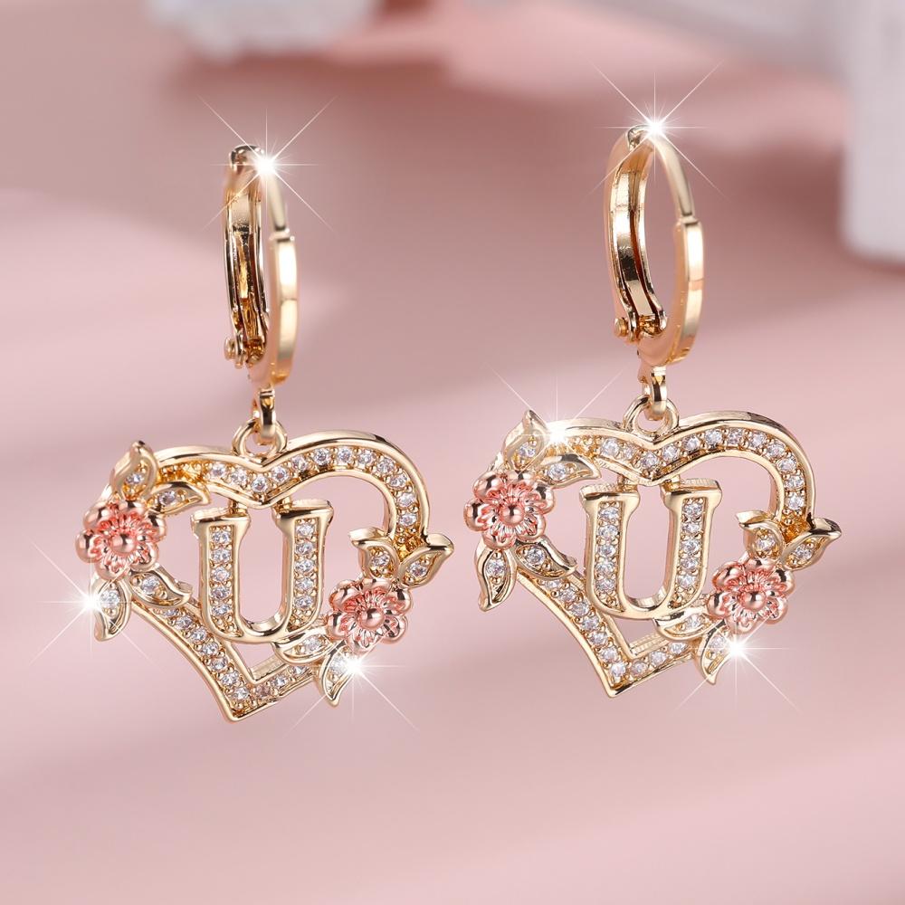 A-Z 26 Buchstaben Damen Herz Blume Creolen Vintage Goldfarbe Weiß Zirkon Hochzeits Schmuck Für Frauen