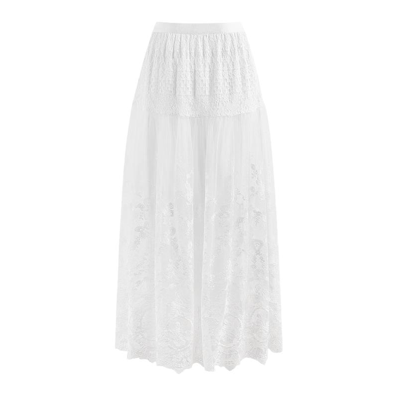 French Elegant Lace Embroidered Midi Skirt S