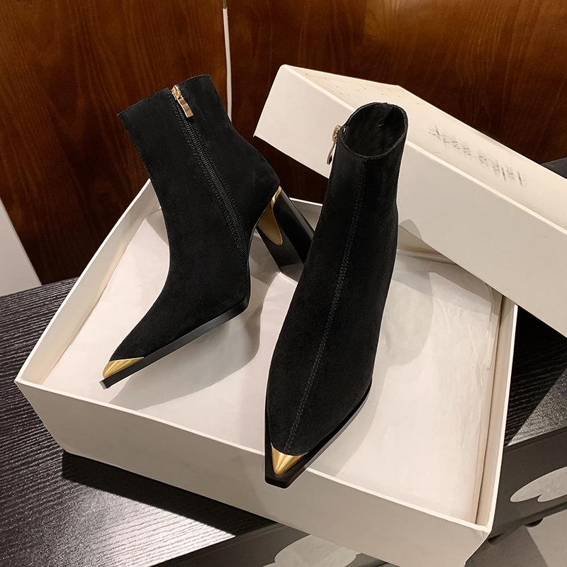 8.5CM Super High Heel Elegant Temperament Small Short Boots Niche Fashion Simple Pointed Thick Heel Side Zipper High Heel Women's Boots