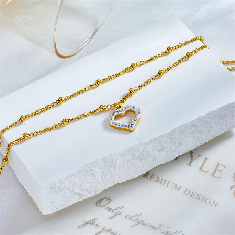 Gold Plated Double Layer Anklet with Hollow Heart Charm, Dainty CZ Paved Foot Chain for Women, Summer Beach Boho Jewelry