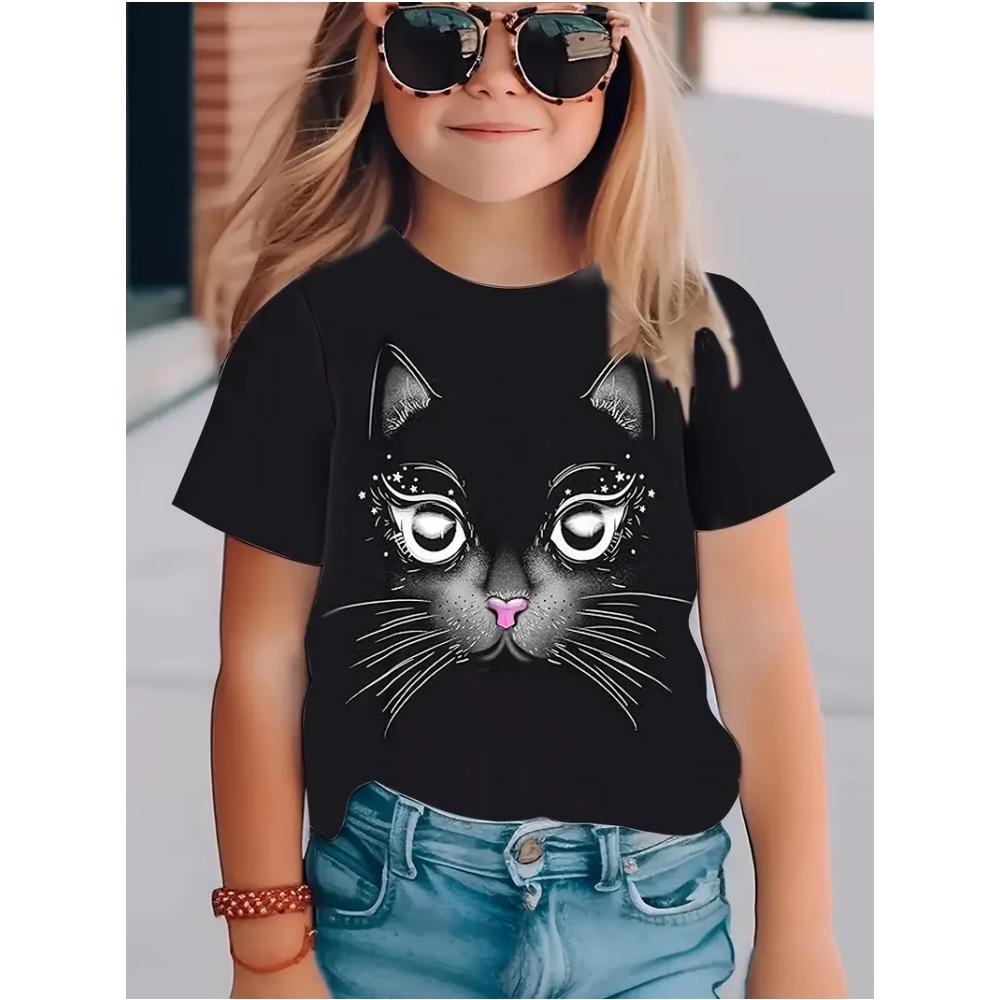 Kids Clothes 3D Print Graphic T Shirts Cute Cat Comforts Casual Tops Summer Short Sleeves Crew Neck Children Clothes Girl