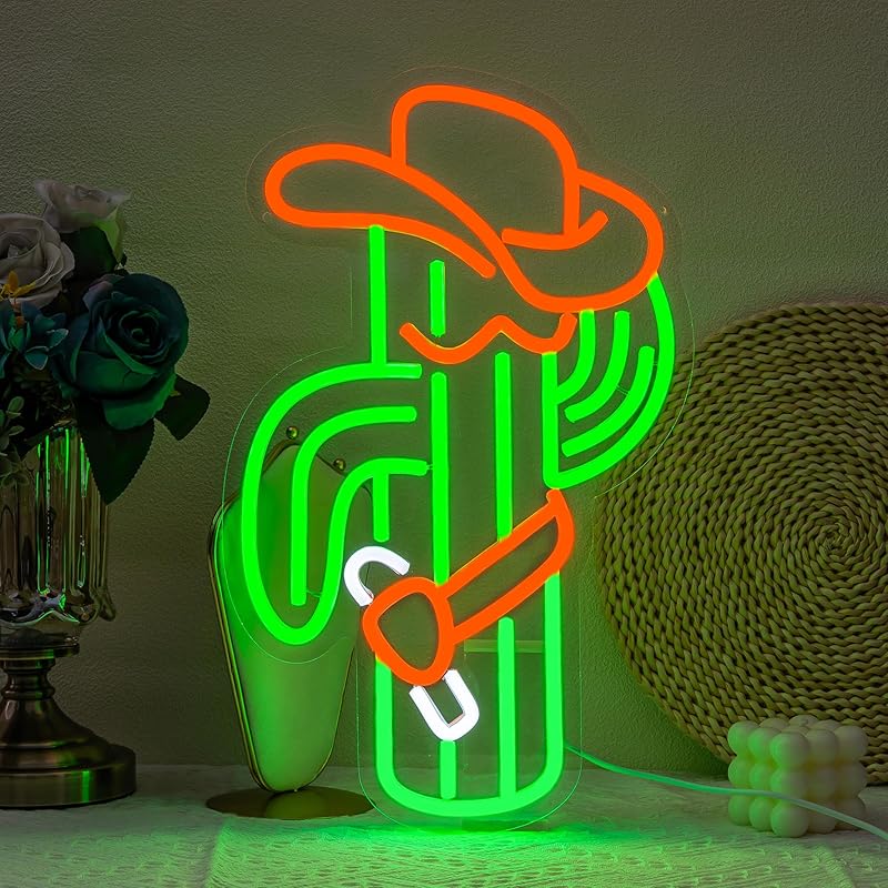 Cactus Neon Sign Cowboy Hat Neon Light for Wall Decor Cowboy Led Neon Sign Colorful Led Neon Light Plant Neon Signs for Bedroom Bar Game Room Man