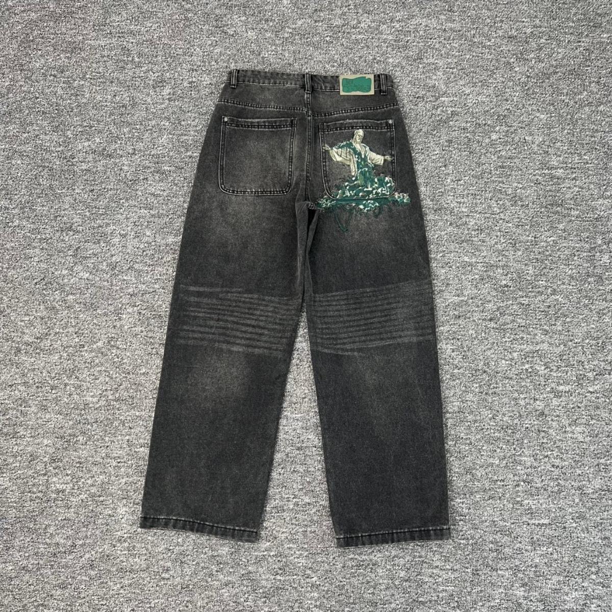 

Американский Ретро Харадзюку Цветочная Вышивка Мешковатые Джинсы Мужские Уличный Стиль Модный Стритвир Y2K Повседневные Прямые Брюки XL