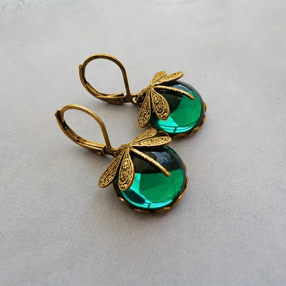 Retro European Mori pastoral earrings for women, imitation moonstone dragonfly earrings, round exquisite daily models
