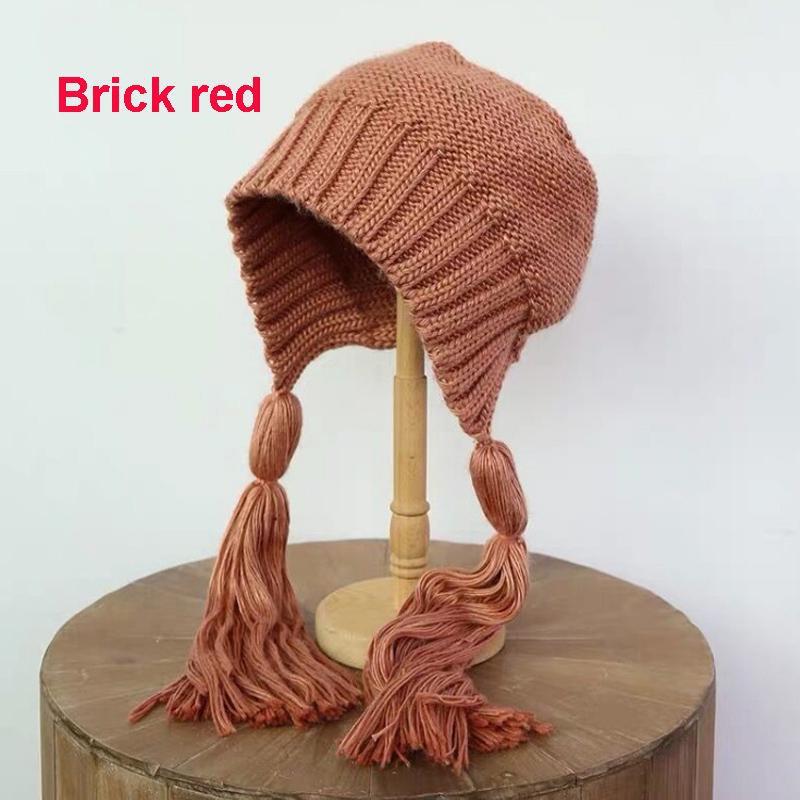 

1 шт. стильная женская шапка с длинными косами зимняя толстая вязаная шапка с ушами вязаная крючком шапка YSL красный