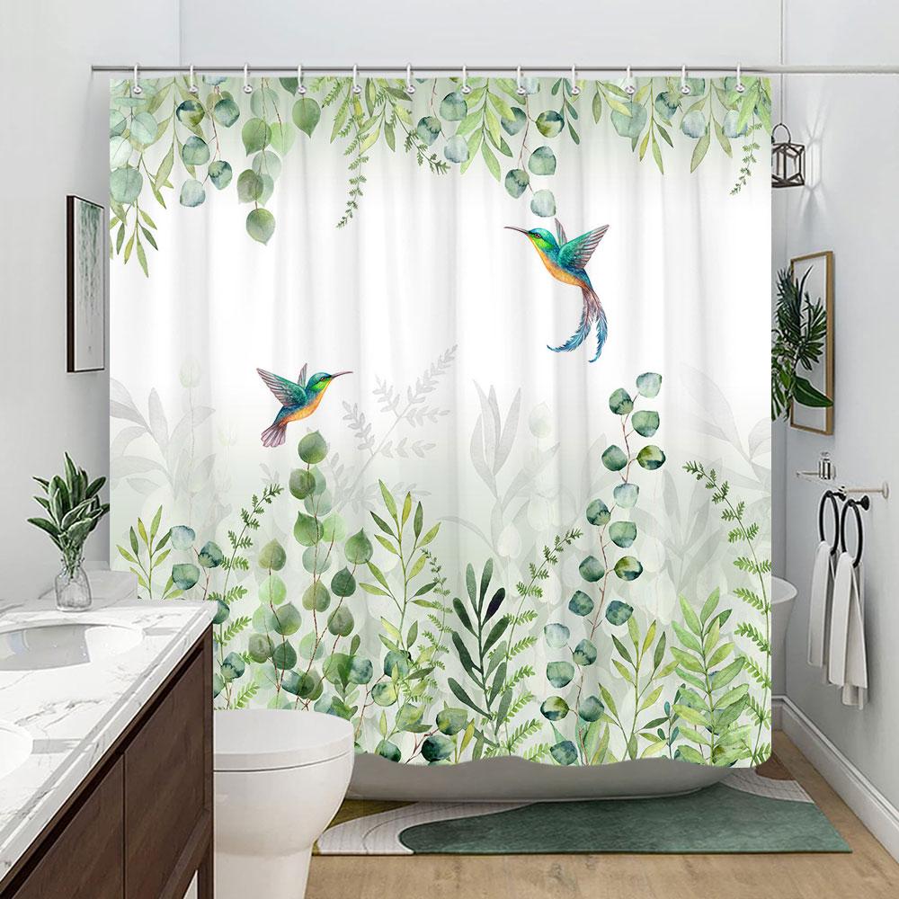 Sage Green Eucalyptus Leaves Shower Curtain Floral Flower Bird Shower Curtains Hummingbird Butterfly Modern Aesthetic Bath Decor