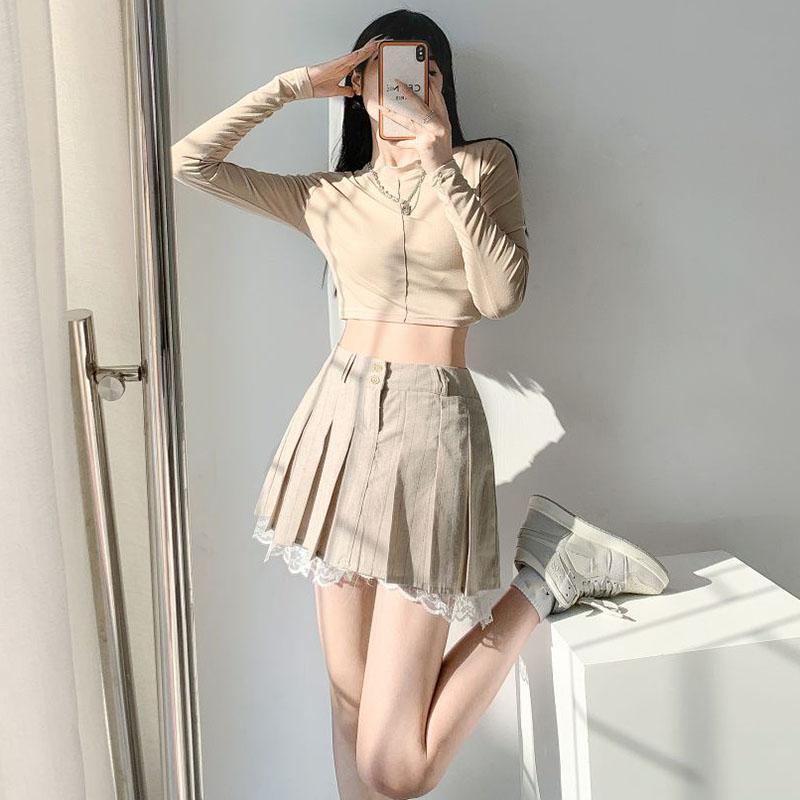 Spitzenbesatz Plisseerock Damen Pure Desire Hohe Taille A-Linie Eingebaute Shorts Hotsweet American Hottie Preppy Style Frühling Sommer