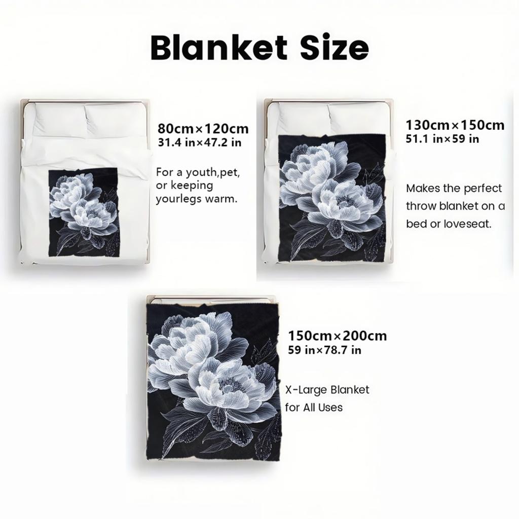 Black background white peony floral design flannel blanket elegant modern bedroom decor luxury flower pattern throw blanket gift
