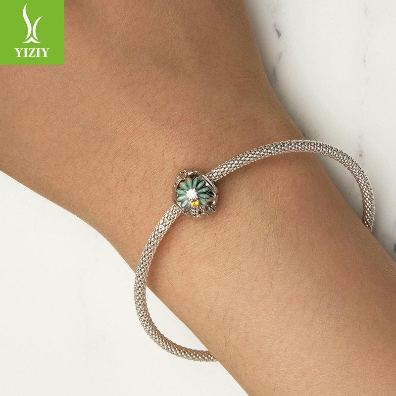 Mint Green Bee Daisy Bracelet Beaded, Summer Little Fresh S925 Silver Diy Beads Loose Beads