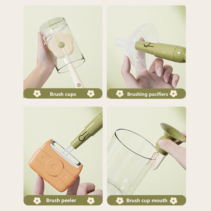 1 szt. Szczotka do czyszczenia kubków 3 w 1 w kształcie kwiatka z długim uchwytem, podstawką z przyssawką, wyjmowaną szczotką do szczelin, szczotką do kubków, zmywakami do kubków