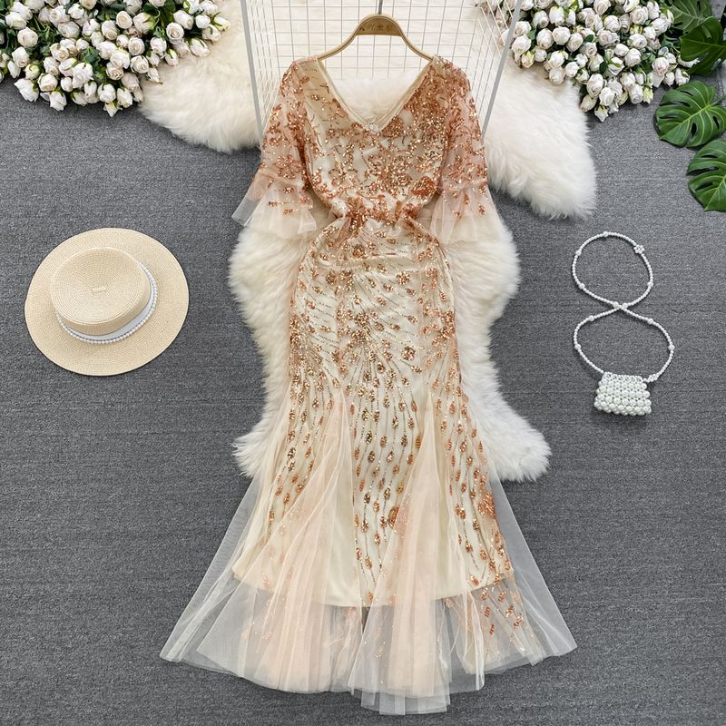 

Elegance Long Host Mesh Dress Evening Dress Apricot L