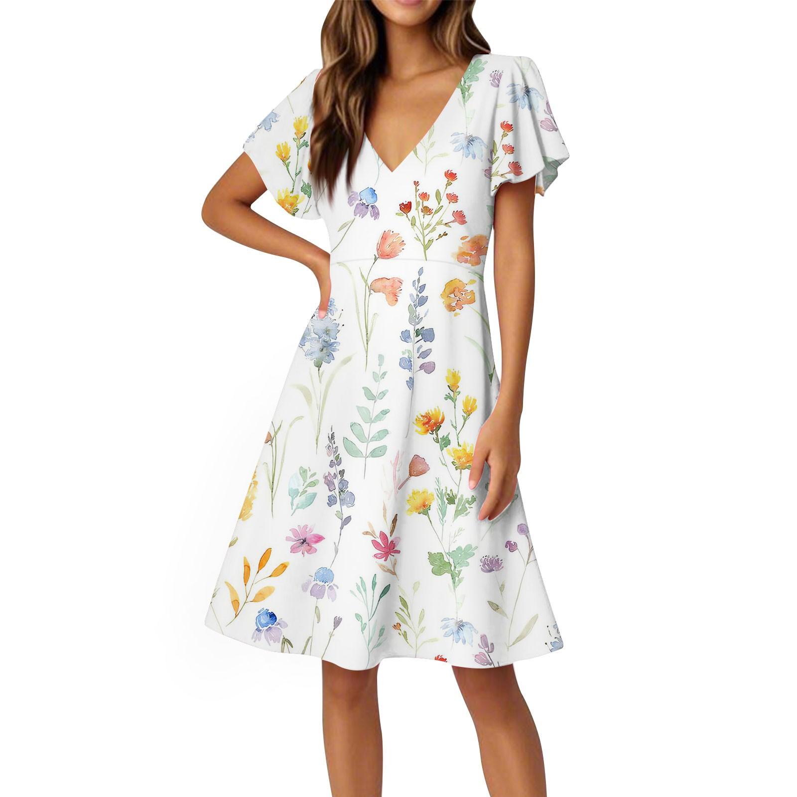 

Женское платье с расклешенным рукавом, коротким рукавом, повседневное платье с цветочным принтом и V-образным вырезом XL жёлтый