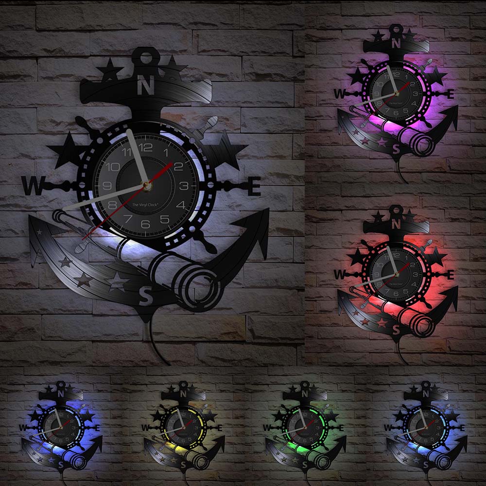 Anchor Ship Navy Compass Vinyl Record Wall Clock Retro Home Wall Decoration Navigation Ship Rudder Art Wall Clock Sailor Gift