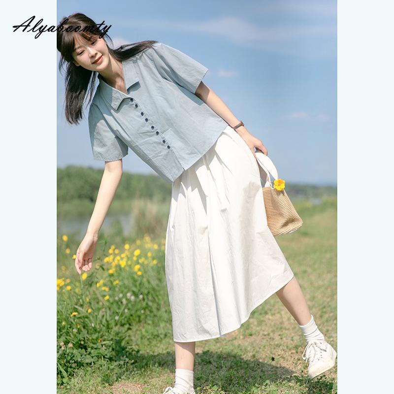Japanese Mori Girl Summer Women White Midi Skirt High Waist Basic Casual Loose Cotton Skirt Sweet Basic Ladies' All-Match Skirts