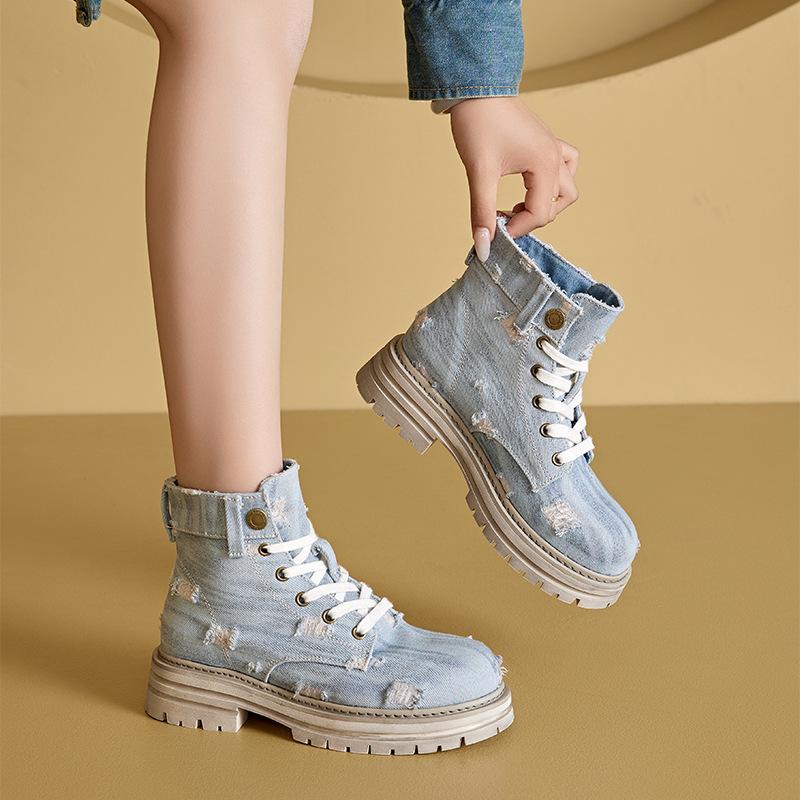 

Autumn washed denim retro Martin boots women s inner height increase casual lace-up women s boots Korean version casual student shoes women s 34