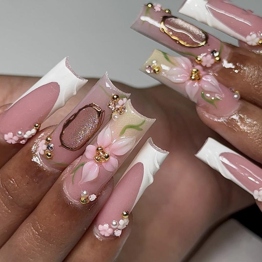 3D Flower Pearl French False Nails 24 Pieces Comfort Fit for Women