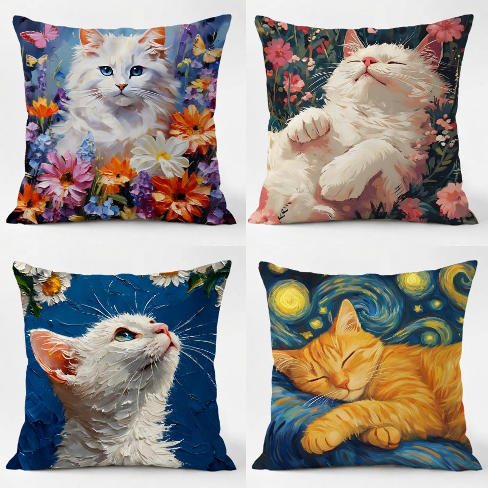 Cute Oil Painting Colorful Cat Cushion Cover Comfort Daily Washable Linen Soft for Sofa Bed Home Room Decor