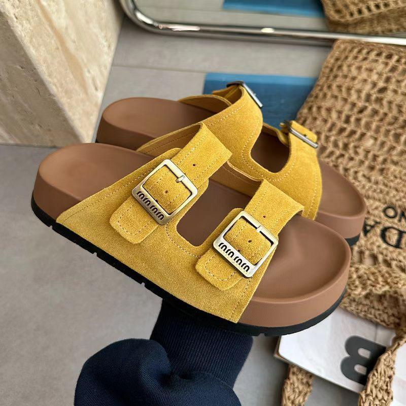 Summer New Non-slip Thick-soled Cool Slippers Retro Double Belt Buckle Versatile Boken Slippers Trendy Leather Women's Shoes