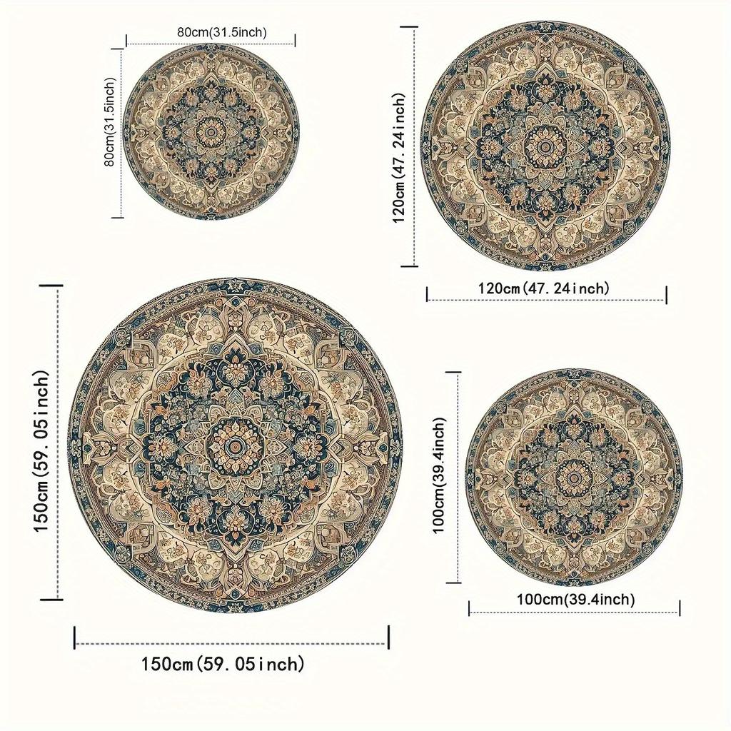 1pc Dark Persian Bohemian Round Mat Square Crystal Velvet, Machine Washable, Durable Rubber Backing Luxury Carpet, Avail