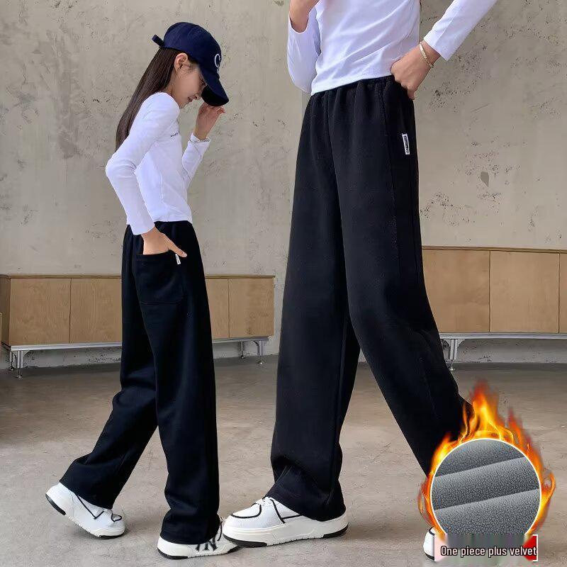 2024 Girls' Sweatpants: Velvet, Wide-Leg, Casual Sportswear for Spring & Autumn