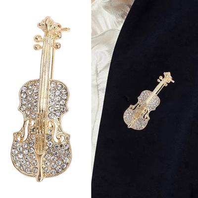 Elegant Vintage Violin Brooch Musical Instrument Jewelry Accessory for Trendy Women Men Alloy Rhinestones Gifts